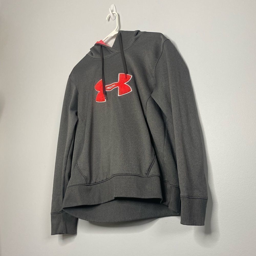 Under Armour L Gray Hoodie Neon Red Pink Athletic Semi Fitted